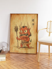 Japanese demon (Oni) wall art illustration in red and black, holding a spiked club on a vintage brown paper background. - Image 2