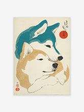 Japanese Dog Art print of two blue and tan Shiba Inu style dogs embracing, with a red sun and calligraphy.
