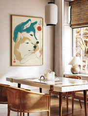 Japanese Dog Art print of two blue and tan Shiba Inu style dogs embracing, with a red sun and calligraphy. - Image 2