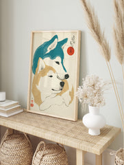 Japanese Dog Art print of two blue and tan Shiba Inu style dogs embracing, with a red sun and calligraphy. - Image 3