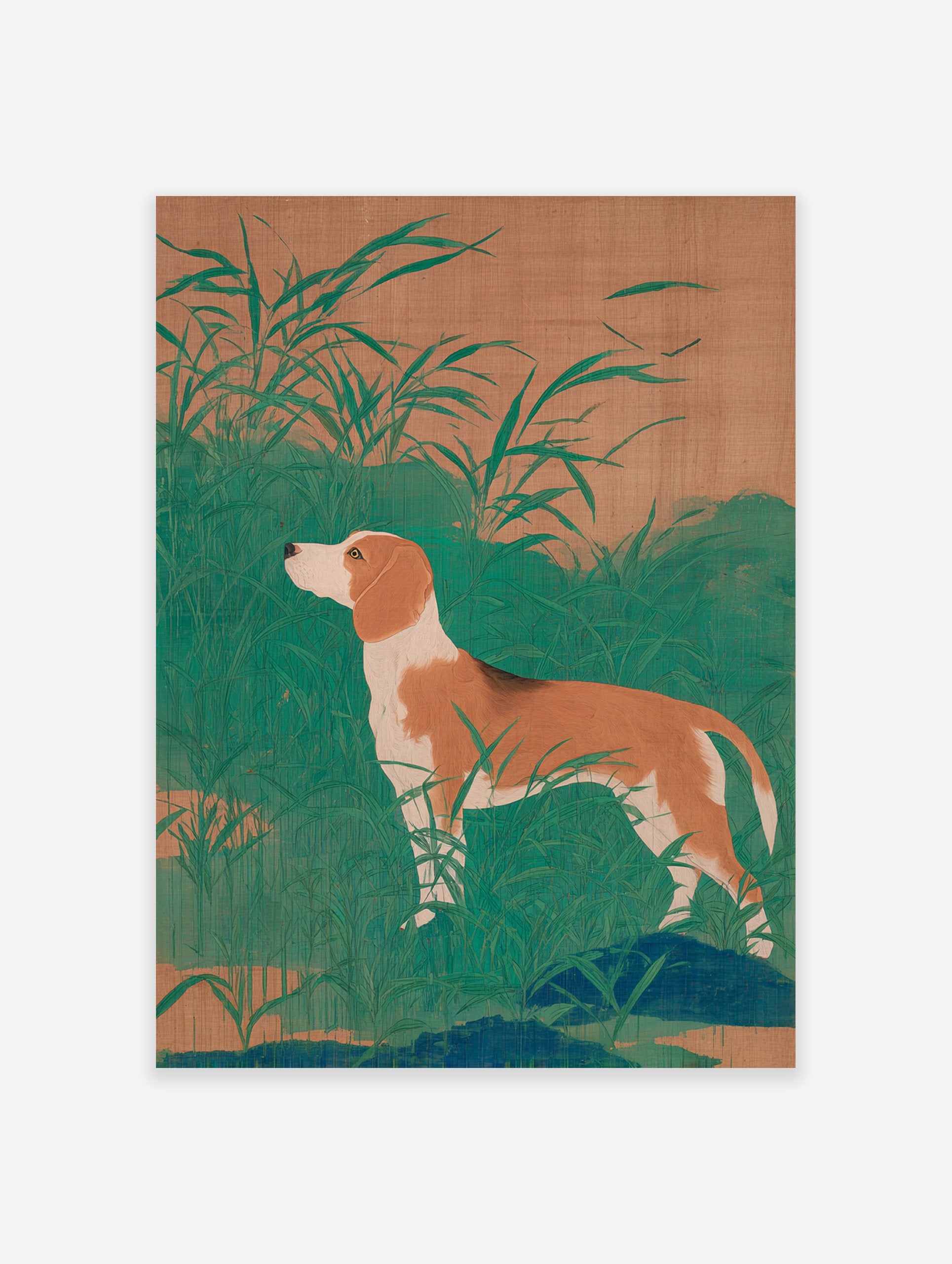 Japanese dog art print featuring a brown and white beagle standing in tall green grass against an earthy background.
