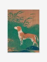 Japanese dog art print featuring a brown and white beagle standing in tall green grass against an earthy background.