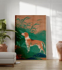 Japanese dog art print featuring a brown and white beagle standing in tall green grass against an earthy background. - Image 3
