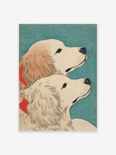 Japanese style art print of two Golden Retriever dogs with red collars looking up against a teal background.