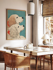 Japanese style art print of two Golden Retriever dogs with red collars looking up against a teal background. - Image 2