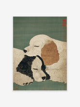 A Japanese Dog Art Print featuring two white and black/brown sleeping dogs cuddled together on a teal background with red seals.