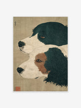 Traditional Japanese dog art print featuring two black, white, and brown dogs in profile on a textured beige background.