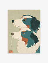 Japanese dog art print featuring two dogs with blue, white, and orange markings on a light green background.