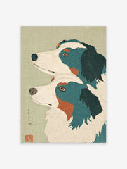 Japanese dog art print featuring two dogs with blue, white, and orange markings on a light green background.