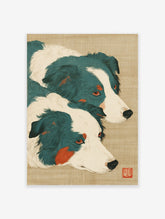 Japanese style art print featuring two teal and white Border Collie dogs with orange accents on a textured beige background.
