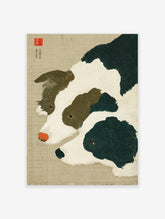 Japanese Dog Wall Art print showing two brown and black Border Collies with red noses on a textured beige background.