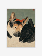 Japanese style illustration of two Akita dogs, one light brown and one black, snuggled together, eyes closed.