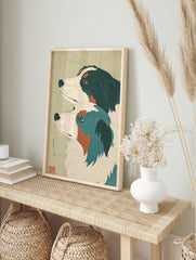 Japanese dog wall art print showing two stylized dogs, one black and white, the other blue and white, with orange accents. - Image 3