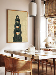 Japanese dolls wall art print showing four stylized figures stacked vertically with black hoods and red cheeks on a textured background. - Image 3