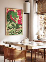 Japanese Dragon poster depicting a vibrant green and red dragon emerging from powerful ocean waves in Ukiyo-e style. - Image 2