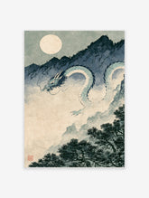 Japanese dragon art print with pale blue dragon, full moon, mountains and pine