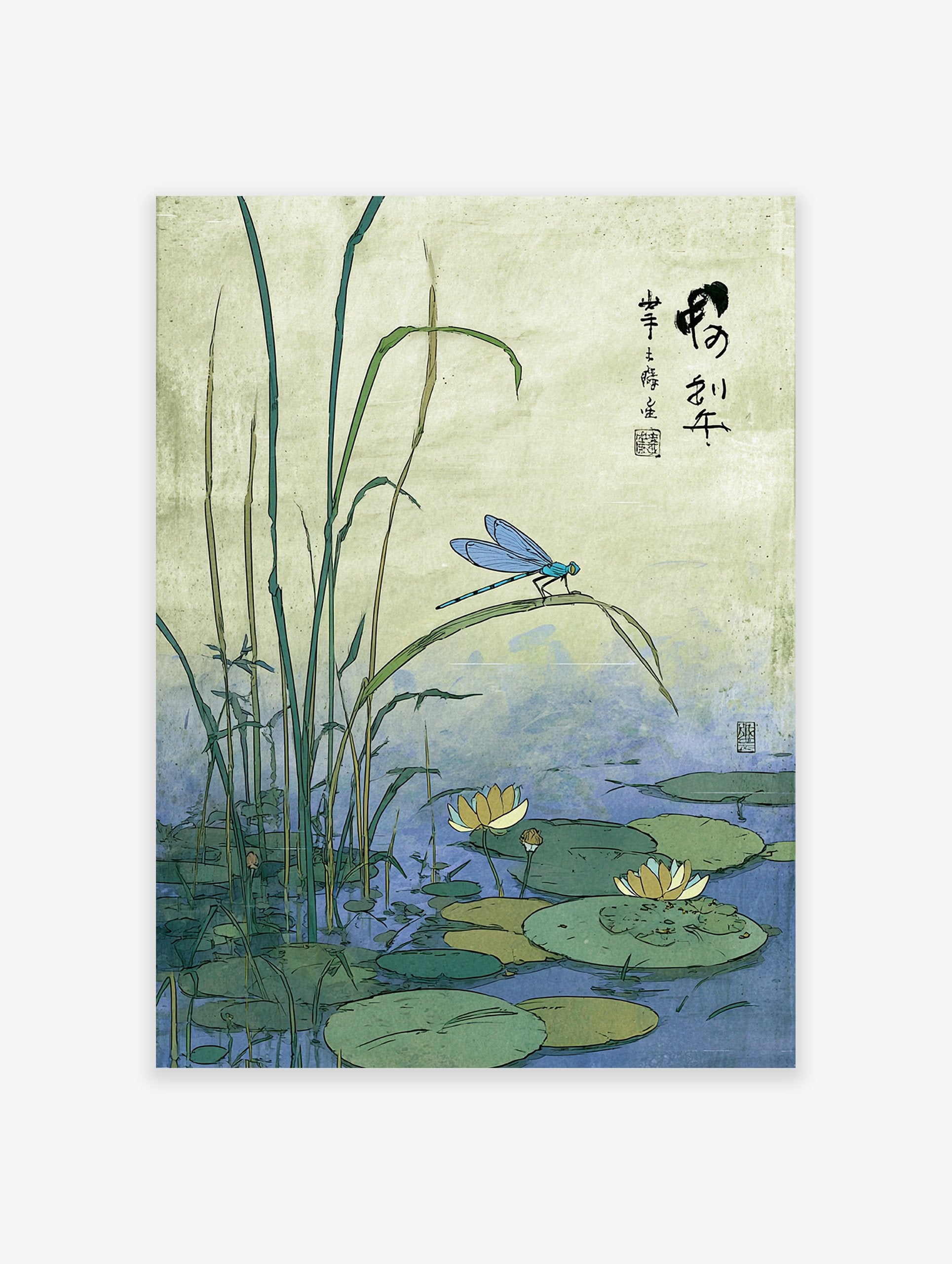 Japanese dragonfly art print showing a blue dragonfly on a reed above water lilies in a pond with green foliage.