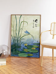 Japanese dragonfly art print showing a blue dragonfly on a reed above water lilies in a pond with green foliage. - Image 2