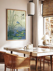 Japanese dragonfly art print showing a blue dragonfly on a reed above water lilies in a pond with green foliage. - Image 3