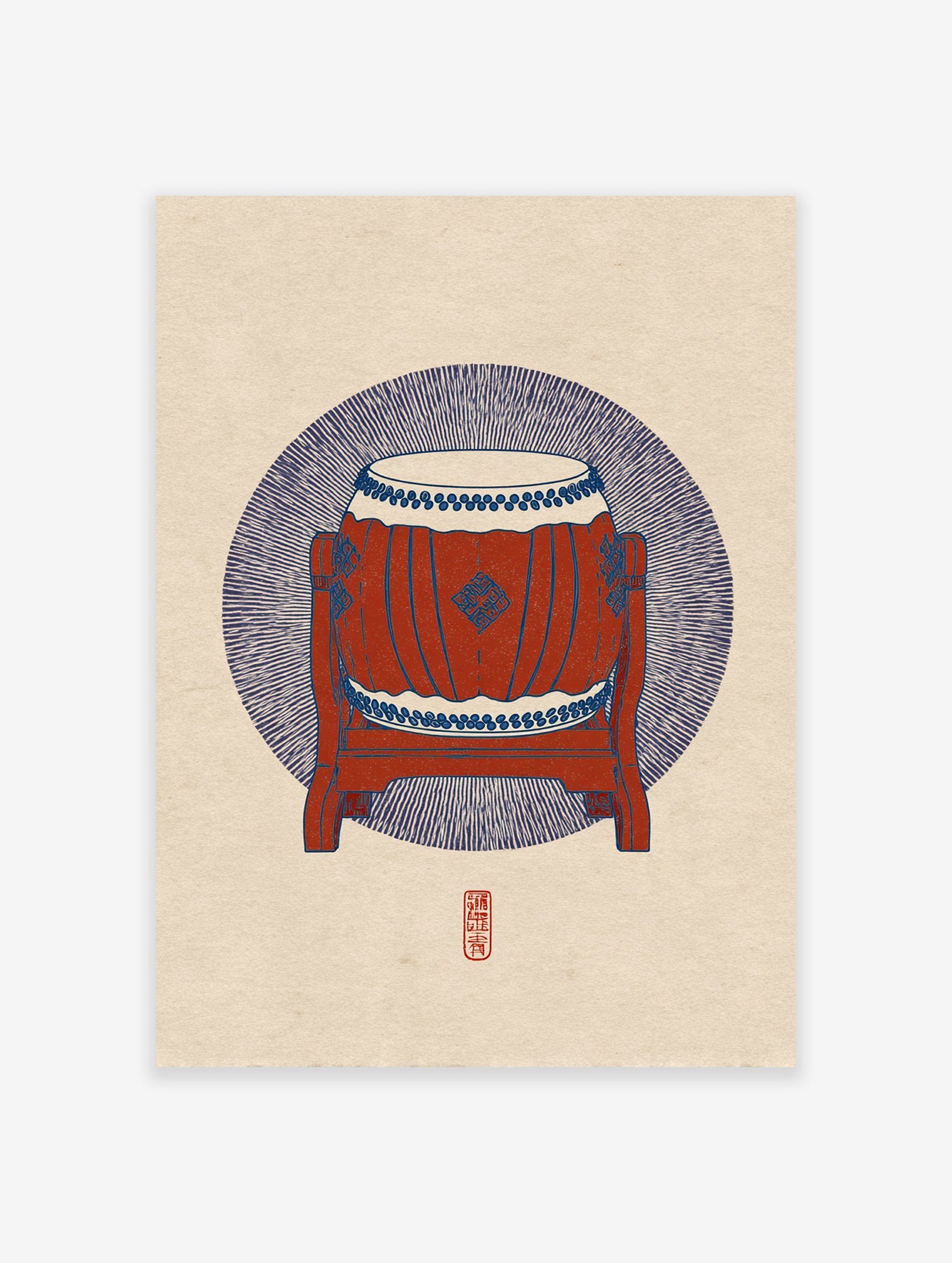 Traditional Japanese Taiko drum illustration in red and blue on a textured beige background with a red seal.