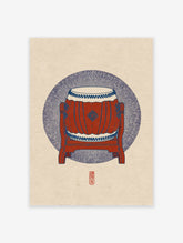 Traditional Japanese Taiko drum illustration in red and blue on a textured beige background with a red seal.
