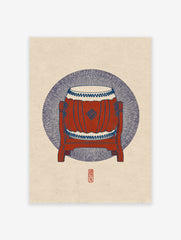 Traditional Japanese Taiko drum illustration in red and blue on a textured beige background with a red seal.