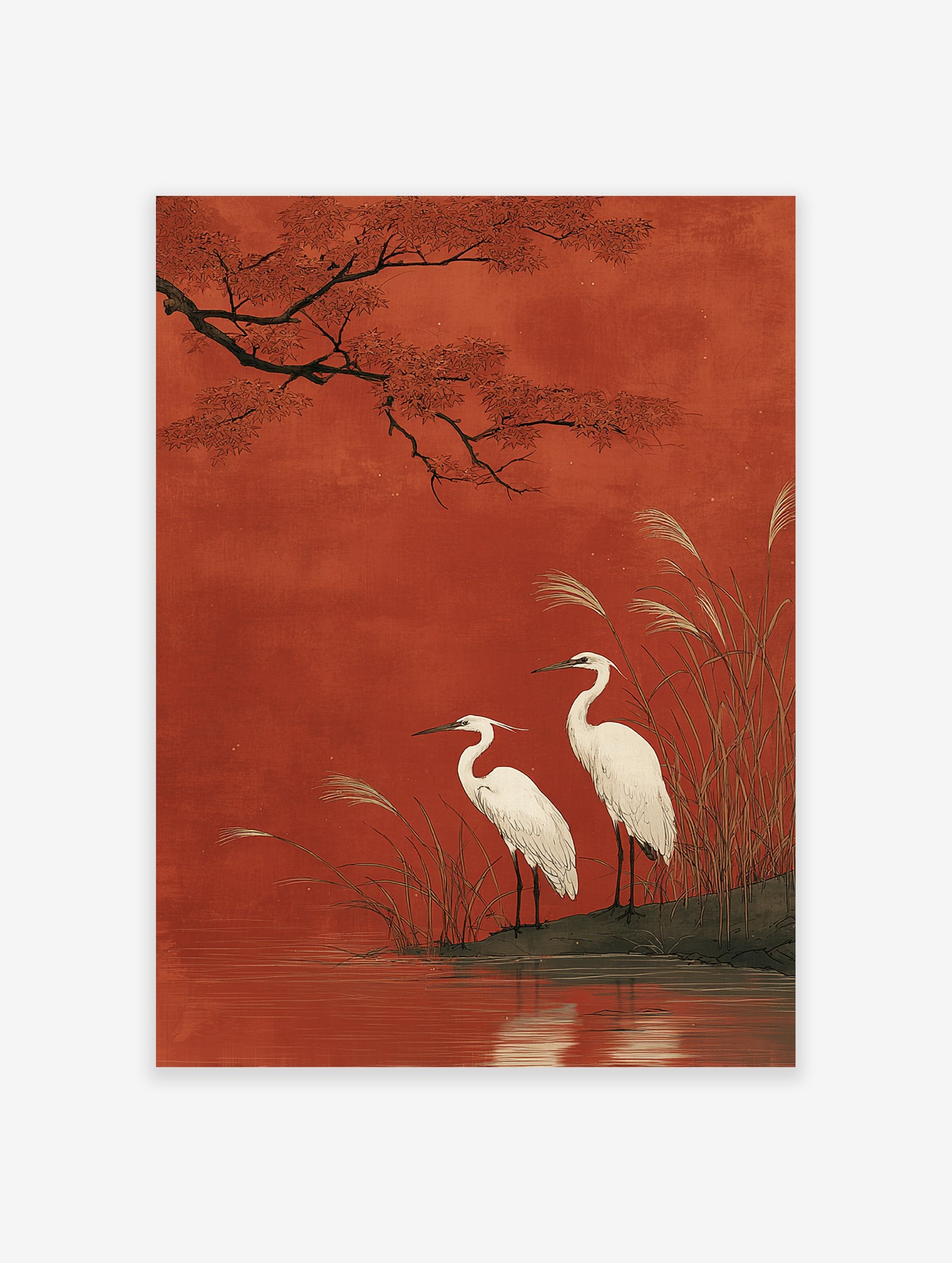 Japanese egret wall art print showing two white birds by water with red leaves and tall reeds against a rich red background.