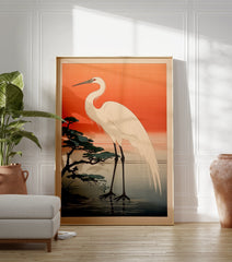 Japanese Egret Wall Art print showing a white egret in water with a pine tree against an orange sunset sky. - Image 3