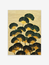 Illustrative Japanese fan wall art with dark green and gold fan shapes on a textured beige background