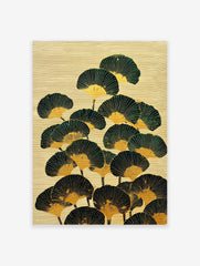 Illustrative Japanese fan wall art with dark green and gold fan shapes on a textured beige background