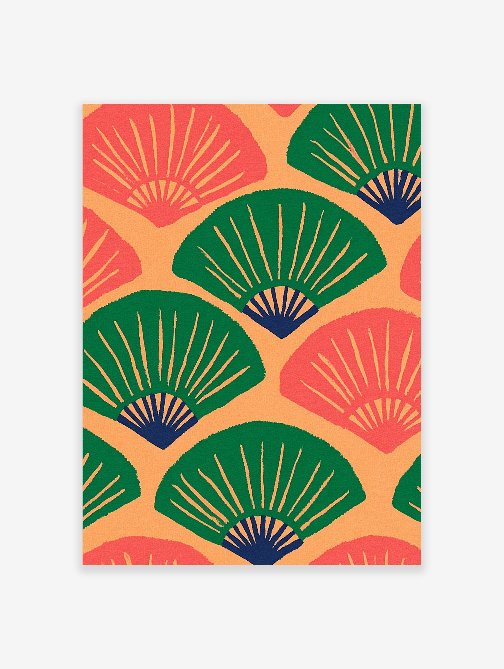 Repeating pattern of green and coral Japanese fans with dark blue accents on an orange background in an illustrative style