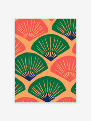 Repeating pattern of green and coral Japanese fans with dark blue accents on an orange background in an illustrative style