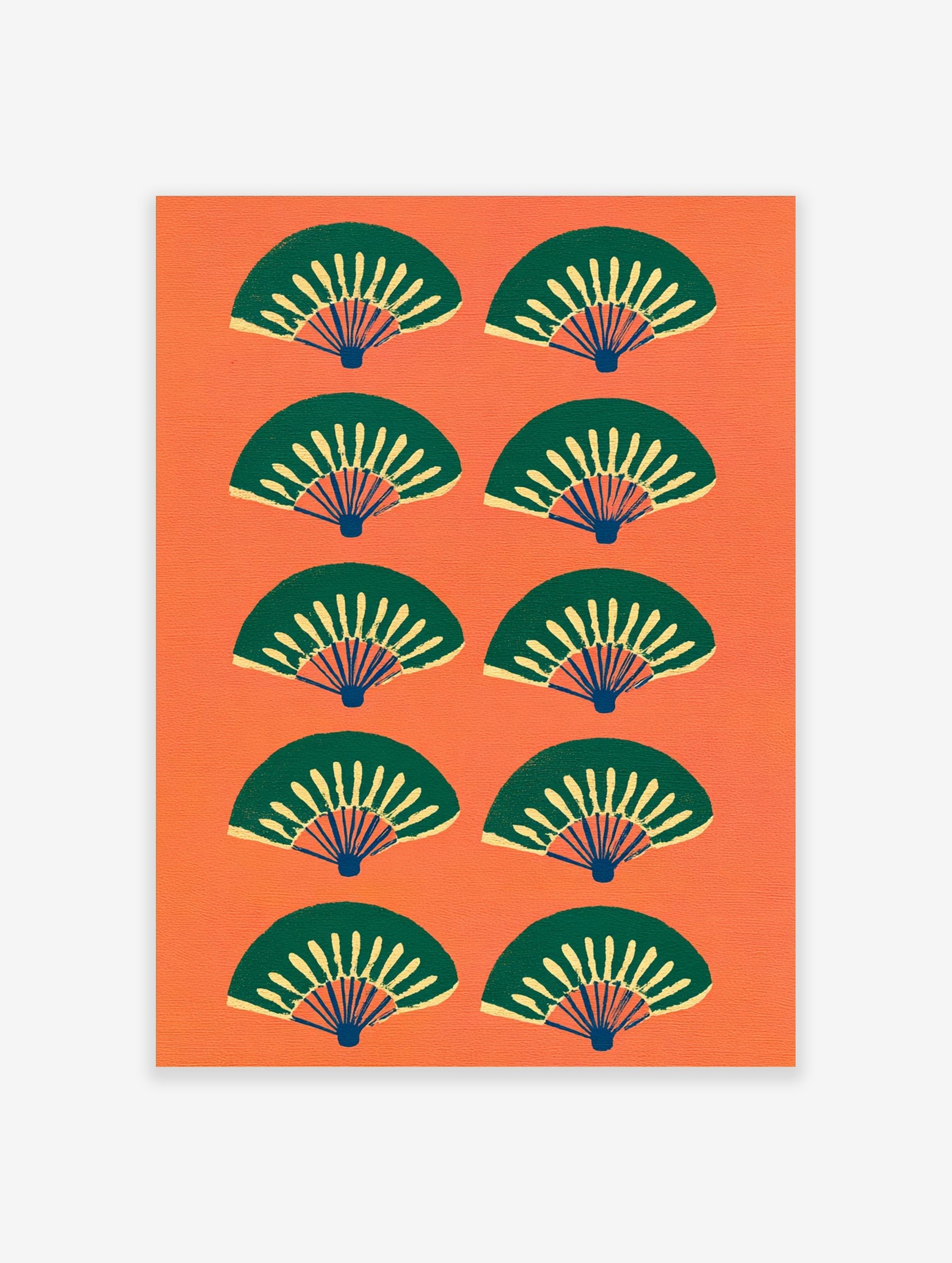 Pattern of stylised green and yellow Japanese fans on a vibrant orange background