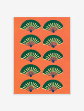 Pattern of stylised green and yellow Japanese fans on a vibrant orange background