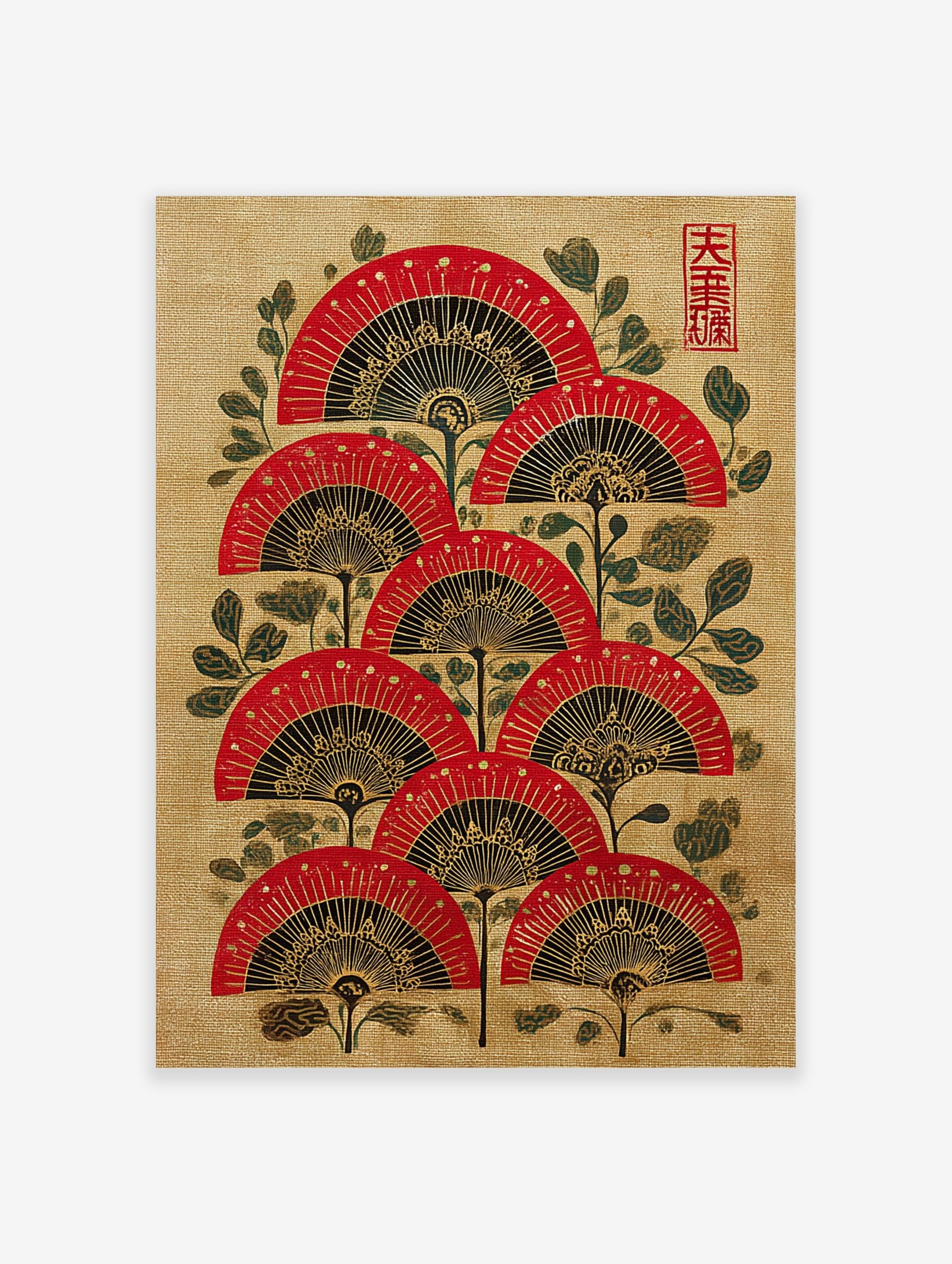 Red, black, and gold Japanese folding fan wall art with green foliage on a textured beige background