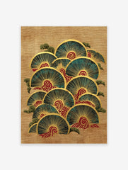 Japanese fan waves illustration with teal and gold semi-circles, red swirls, and green clouds on beige