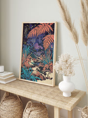 Japanese Firefly Forest Poster featuring coral ferns, a stream, and glowing fireflies in a dark, enchanting night scene. - Image 4