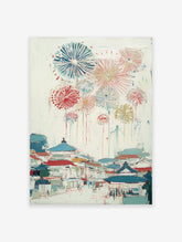Impressionistic Japanese fireworks wall art painting over a traditional cityscape with blue and red roofs.