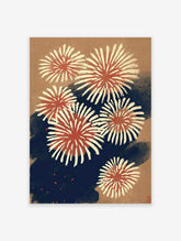 Traditional Japanese fireworks wall art print with red, cream, and blue bursts on a textured tan background.