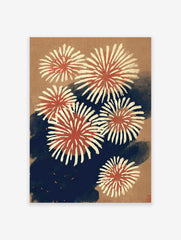 Traditional Japanese fireworks wall art print with red, cream, and blue bursts on a textured tan background.