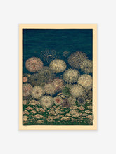 Japanese fireworks explode over a field of white and pink flowers at night, in an Ukiyo-e style botanical art print.
