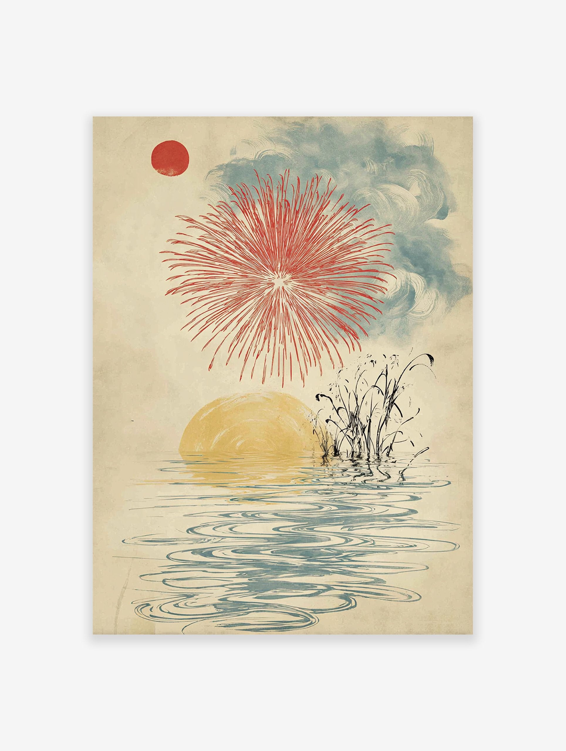 Japanese fireworks wall art with a red sun, red firework explosion, blue clouds, yellow water reflection, and reeds.