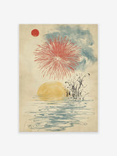 Japanese fireworks wall art with a red sun, red firework explosion, blue clouds, yellow water reflection, and reeds.