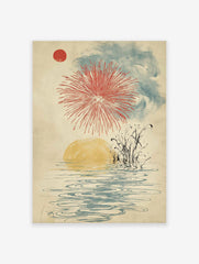 Japanese fireworks wall art with a red sun, red firework explosion, blue clouds, yellow water reflection, and reeds.