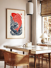 Japanese Fish Poster featuring a red carp jumping out of dark blue waves on an off-white background with a red seal. - Image 2