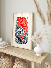 Japanese Fish Poster featuring a red carp jumping out of dark blue waves on an off-white background with a red seal. - Image 4