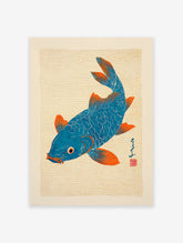 Blue and orange Japanese Koi fish woodblock art print with textured background and red artist's seal.