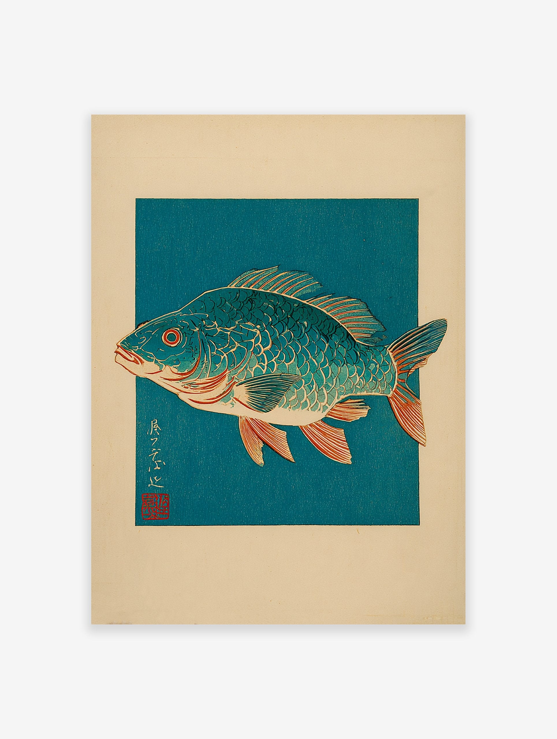 Traditional Japanese woodblock print featuring a vibrant blue fish with a red eye and orange fins, set against a deep teal background.