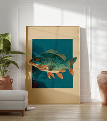 Traditional Japanese woodblock print featuring a vibrant blue fish with a red eye and orange fins, set against a deep teal background. - Image 3