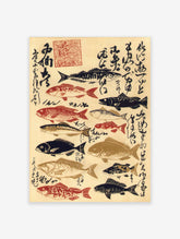 Vintage Japanese fish print with various black, red, and brown fish illustrations and Japanese calligraphy on a light background.
